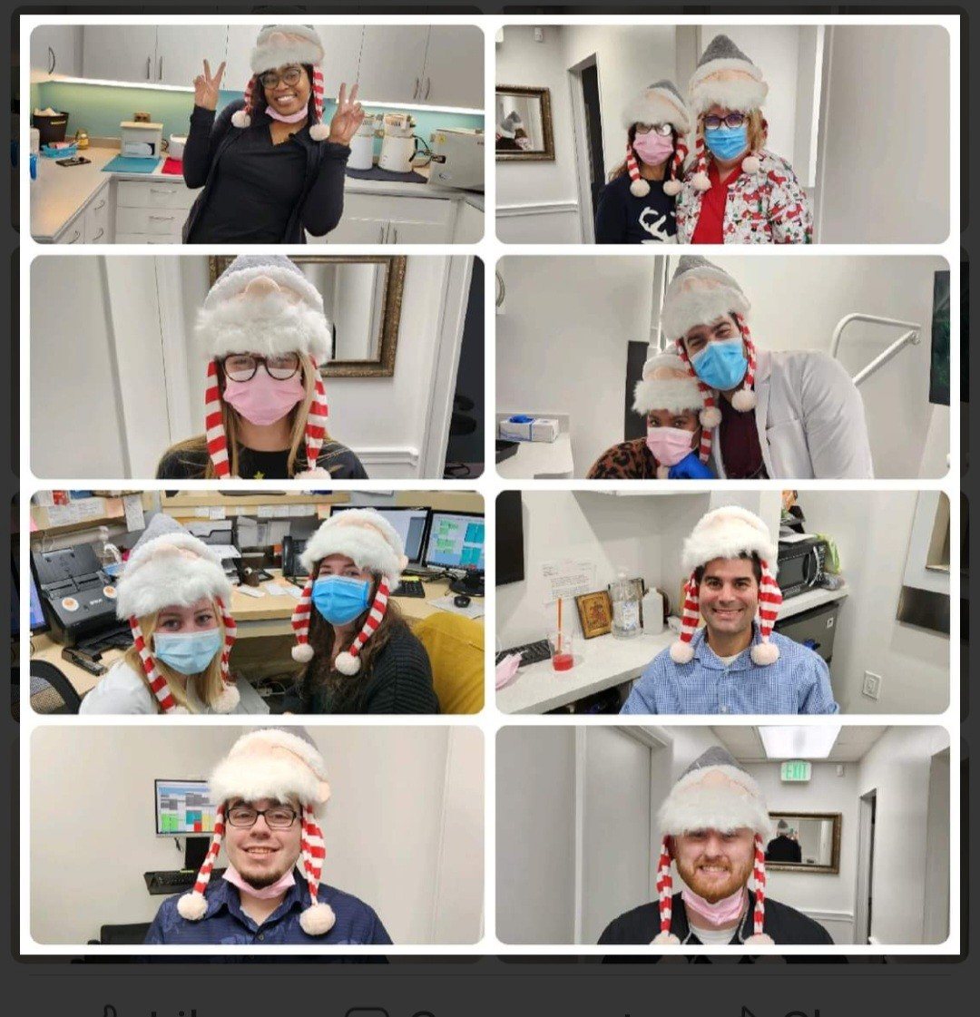 Collage of the dental team in playful holiday headwear