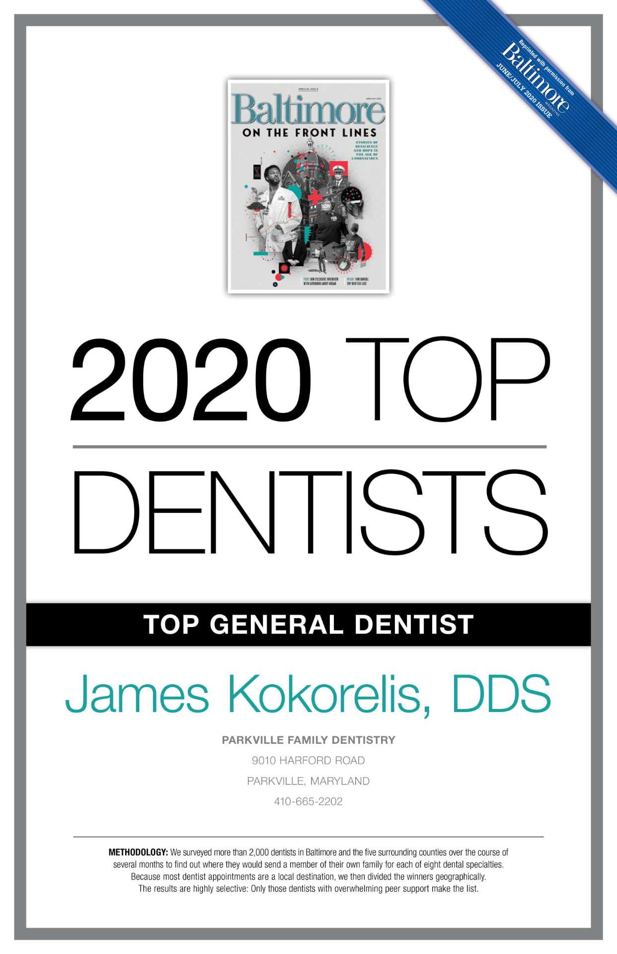 2020 Top General Dentist recognition for James Kokorelis, DDS from Baltimore Magazine